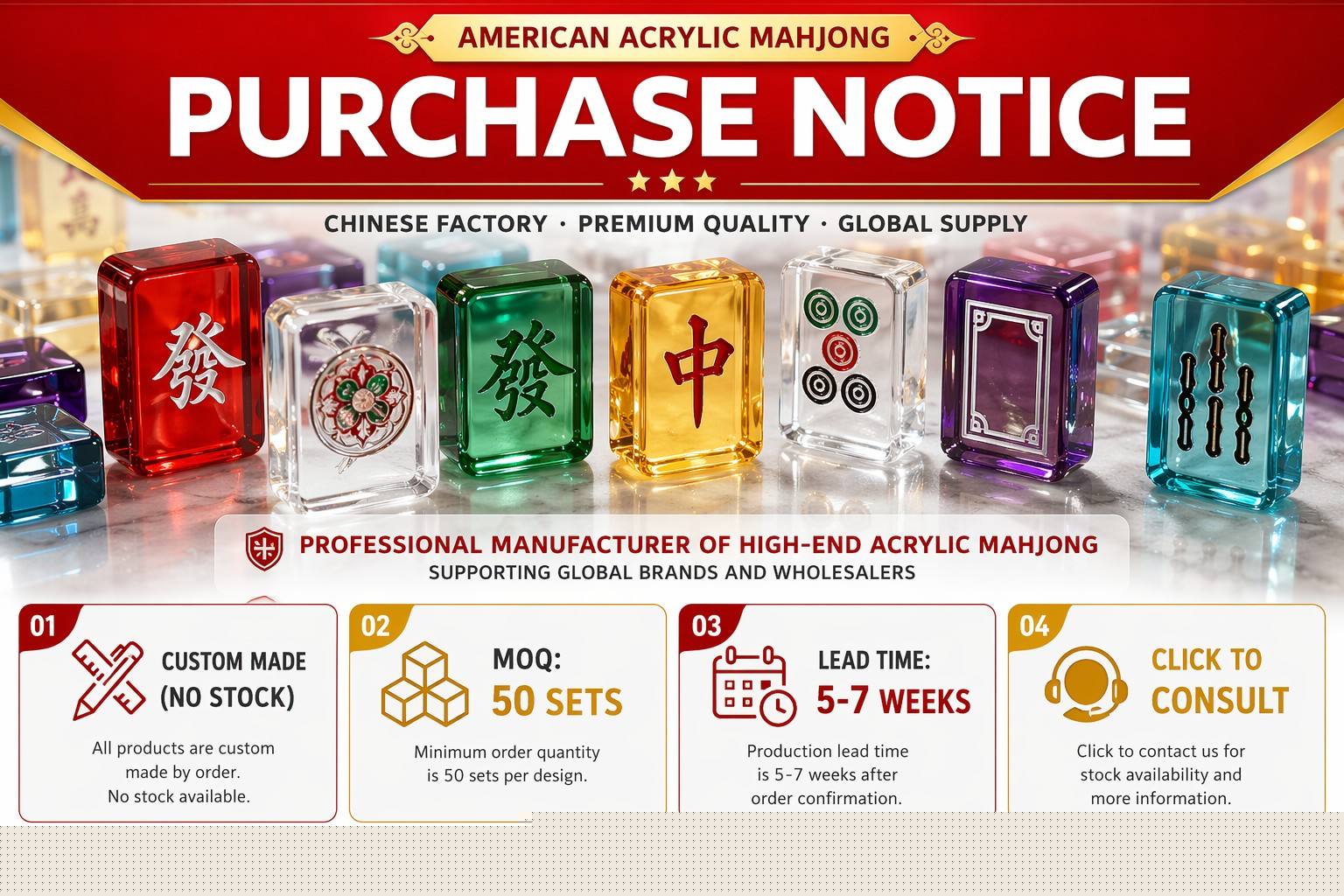 166-Tile Crystal Clear Acrylic American Mahjong Set — UV Printing detail
