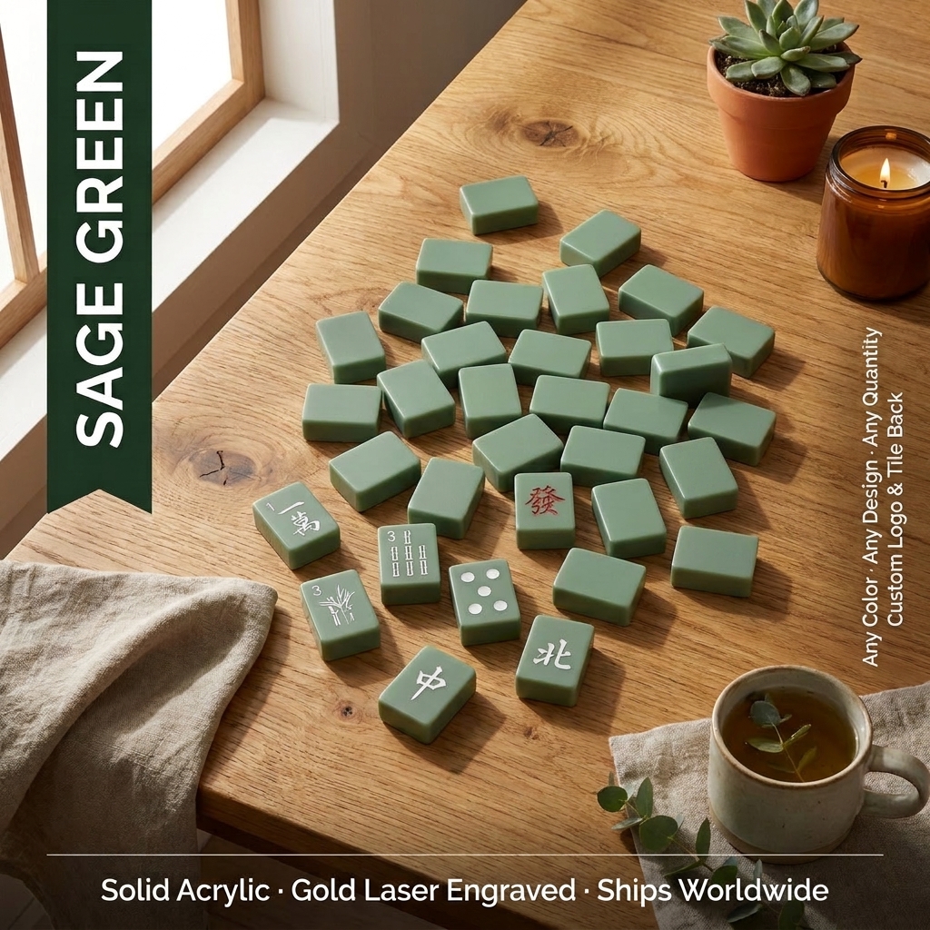 166-Tile Black Acrylic American Mahjong Set — Sage Green variant