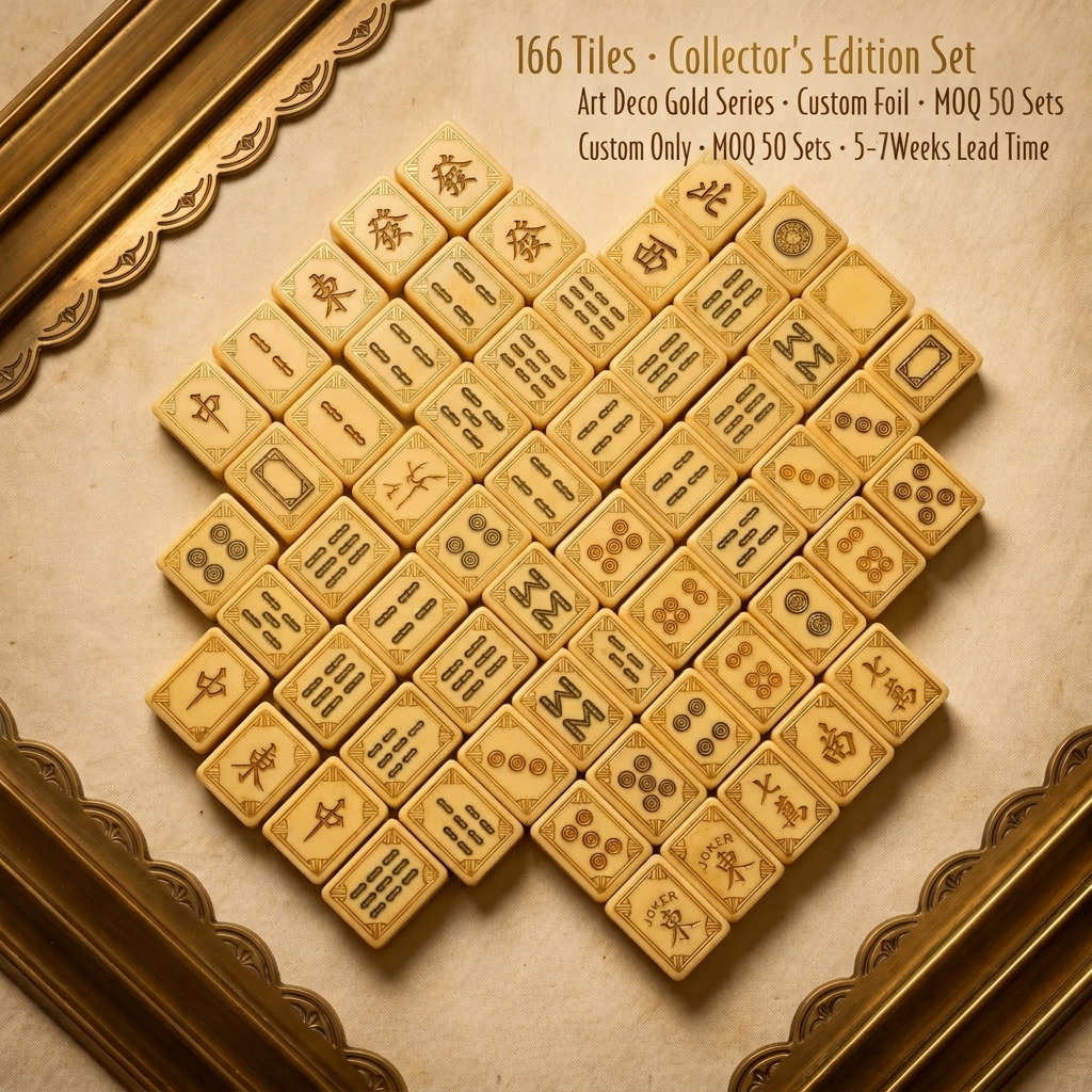 Cream 166-Tile Gold Acrylic American Mahjong Set — Engraved Detail