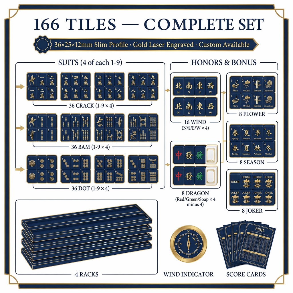 166-Tile Navy Acrylic American Mahjong Set — Gold Engraving detail