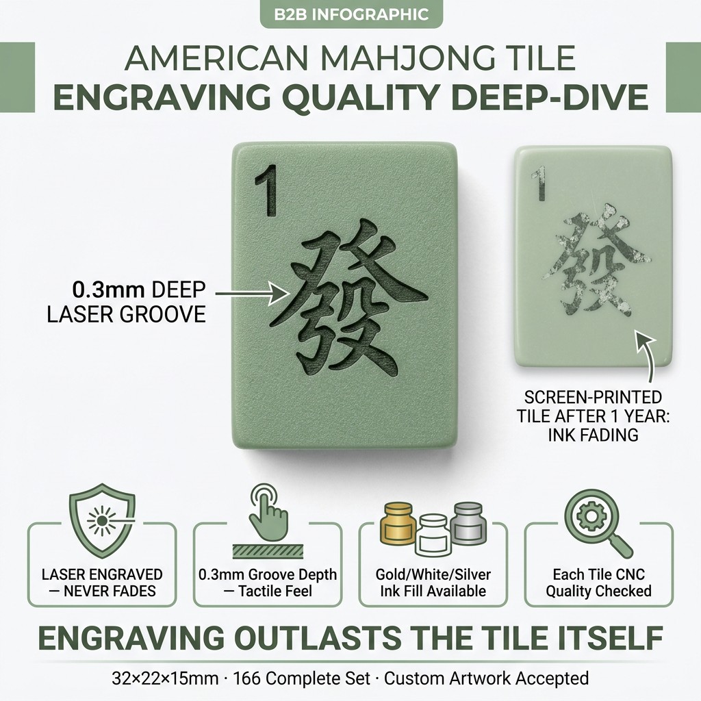 166-Tile Sage Green Acrylic American Mahjong Set — Laser Engraving detail