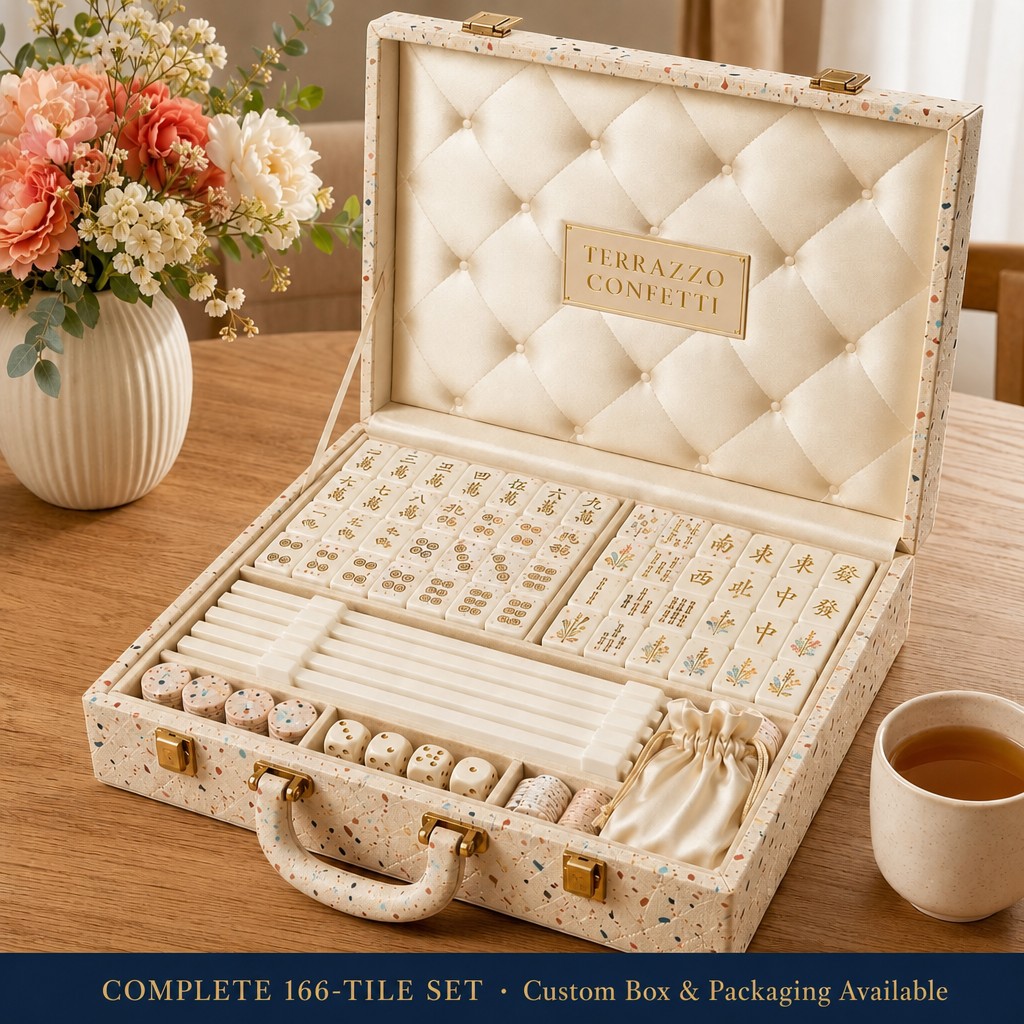 166-Tile Terrazzo Acrylic American Mahjong Set — Gold Engraving detail