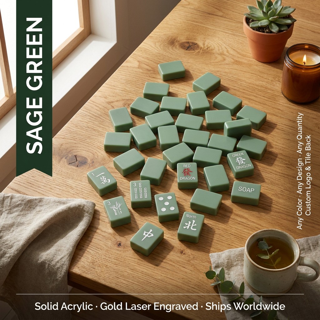 166-Tile Terrazzo Acrylic American Mahjong Set — Gold Engraving — Sage Green variant
