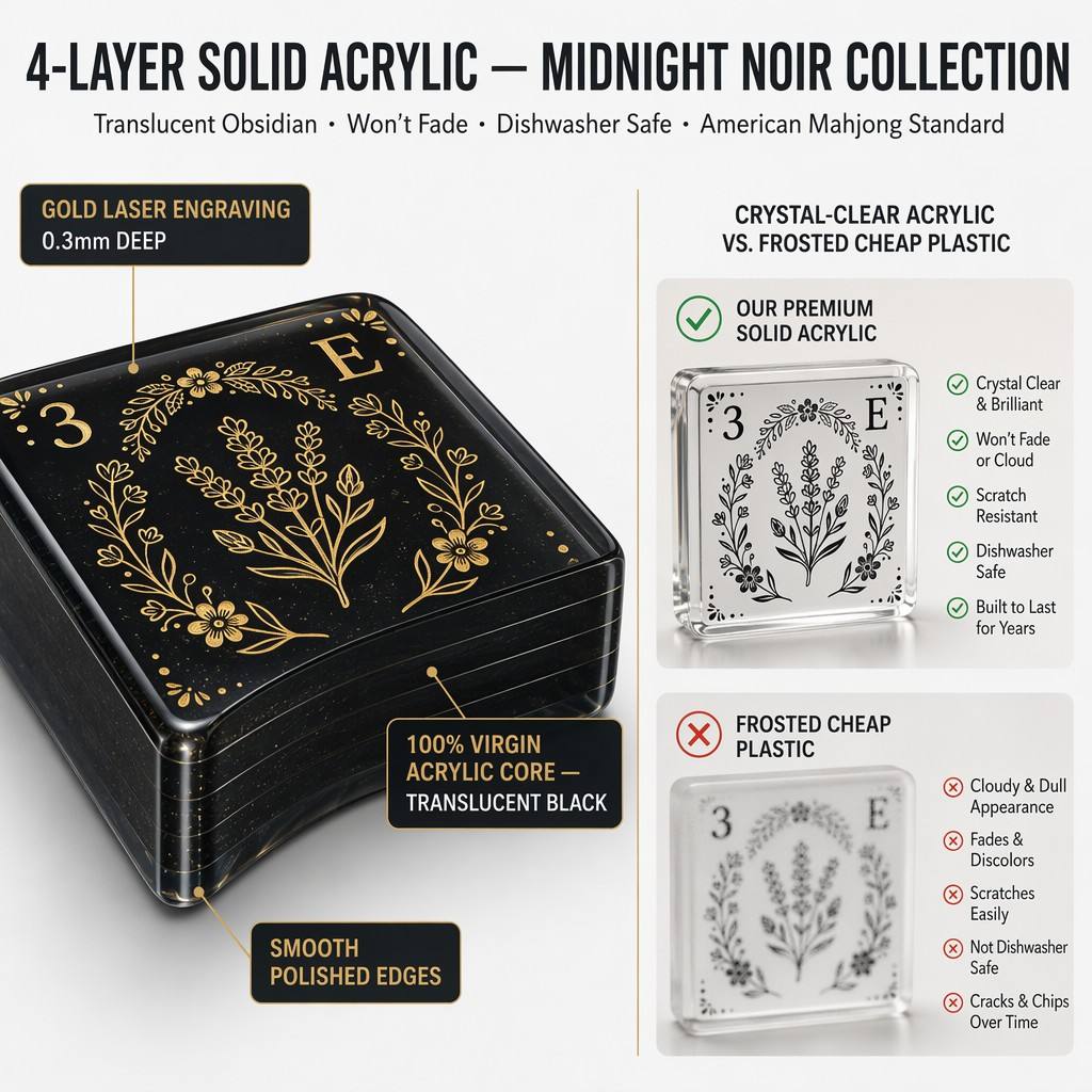 160-Tile Noir Acrylic American Mahjong Set — Gold Engraving detail