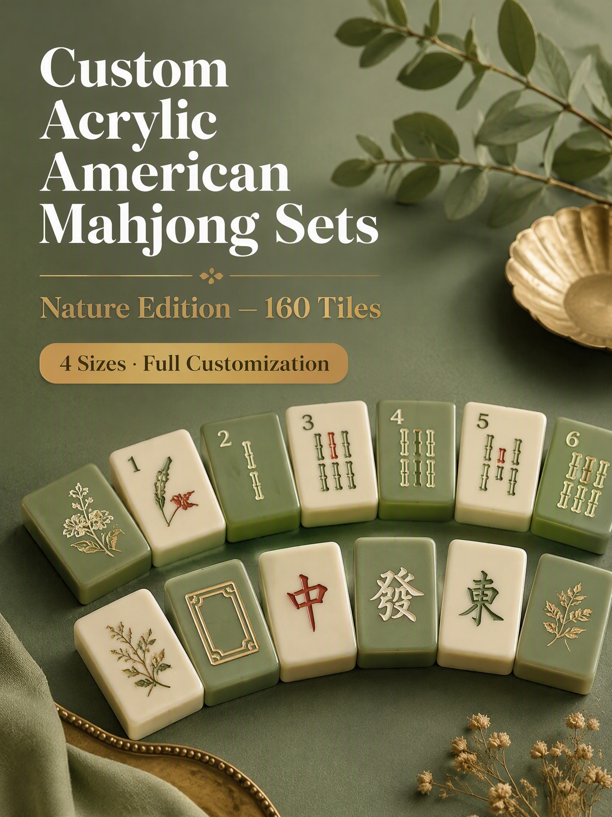 160-Tile Sage Moss Green Acrylic American Mahjong Set detail